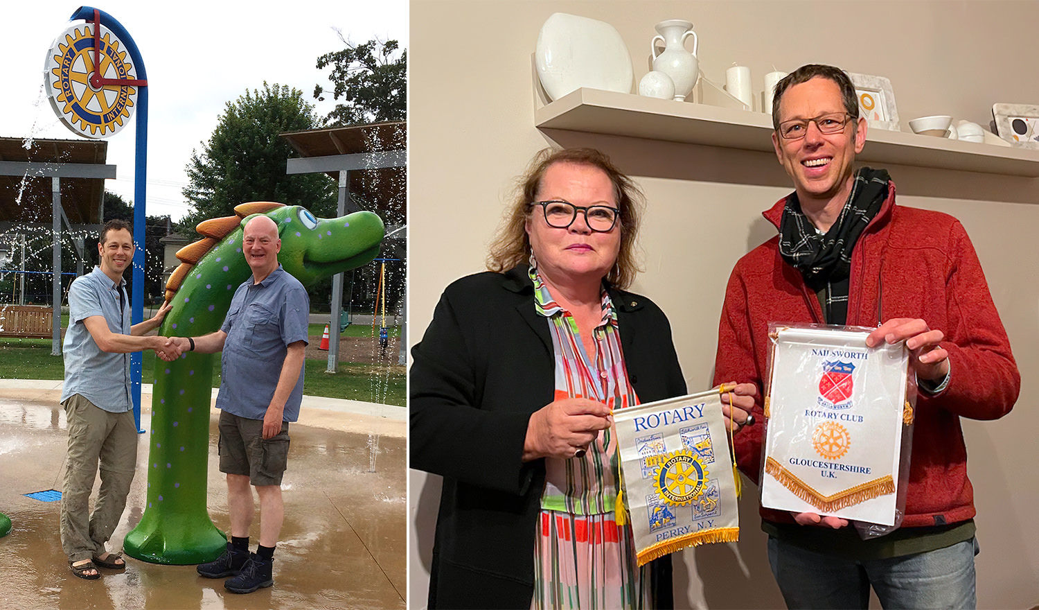 Mayor Duckworth with Mayor Hauser in August 2017 at the Splash Pad Perry Village Park. Nailsworth Rotary President Alexandra Lloyd-Jones exhanges banners with Perry Mayor Rick Hauser.